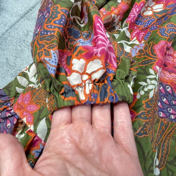 J. Marie Smocked Neck Olive Floral Boho Dress Size M - Picture 6 of 14